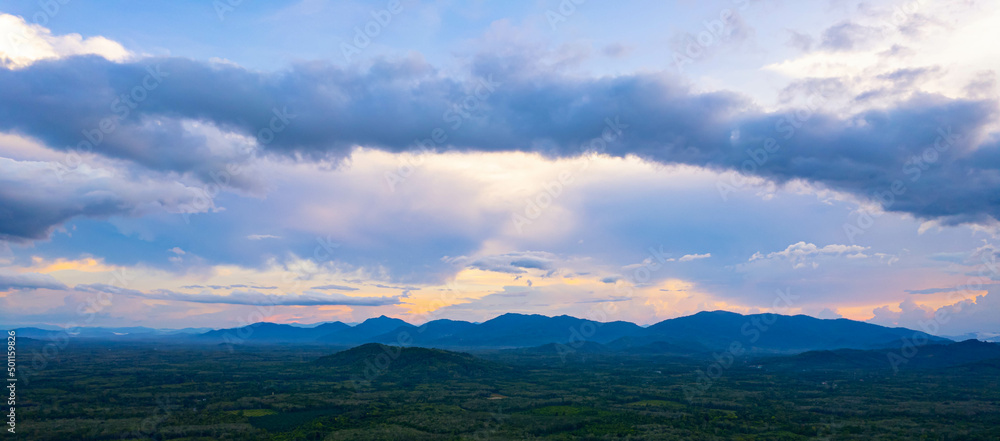  Panorama sky and cloud white and orange clouds, Beautiful sunset sky for Nature backgrounds of landscape panoramic photo 