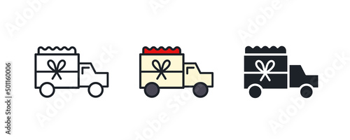 Presents or flowers delivery icon. Truck with flowers isolated vector icon