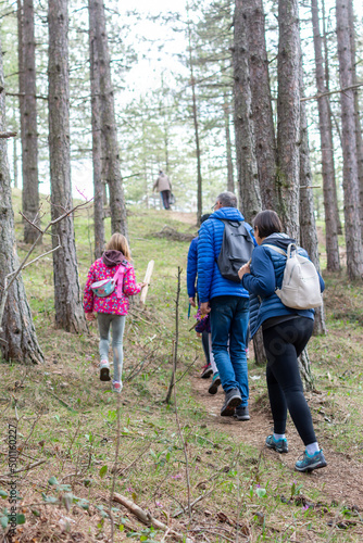 Multi generation family walking in line up the hill on a trail in a forest during a camping holiday, Zlatibor, Serbia. Three generation family are hiking together through the Coniferous forest.