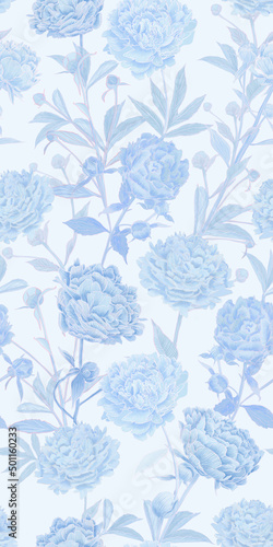 Fototapeta Naklejka Na Ścianę i Meble -  seamless pattern with delicate light airy blue lush peonies. Loved by all flowers of peonies in a new reading in heavenly gentle pastel tones. Beautiful elegant design for fabric