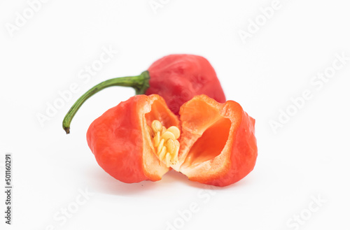 super hot Naga chili on white background.selective focus