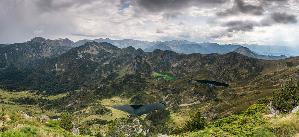 Panoramic landscape of the beautiful mountains (Lakes of Rabassoles, Pyrenees Mountains, France)