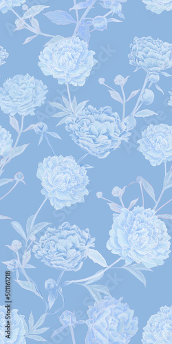 Wallpaper Mural seamless pattern with delicate light airy blue lush peonies. Loved by all flowers of peonies in a new reading in heavenly gentle pastel tones. Beautiful elegant design for fabric Torontodigital.ca