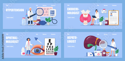 Treatment of hypothyroidism, hepatitis, hypertension, myopia illustration. Doctor s appointment. Endocrinologist, ophthalmologist