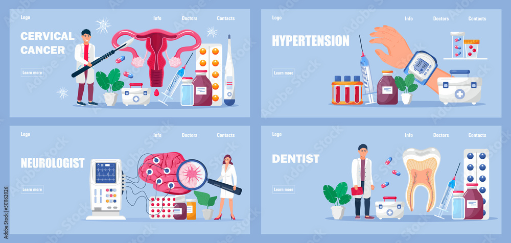 Neurologist, gynecologist, stamotolog concept vector. Hypertensive crisis illustration. Medical home page for clinics, doctor appointments.