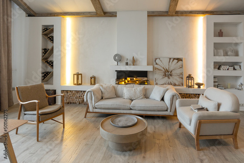 Wallpaper Mural cozy warm home interior of a chic country house with an open plan, wood finishes, warm colors and a family hearth. view of the recreation area for family and guests Torontodigital.ca