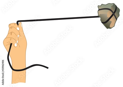 human hand hovering a rope tied to stone flat design vector drawing circle movement of object icon sign logo cartoon abstract art concept scree circular motion throw shoot hunt slingshot illustration