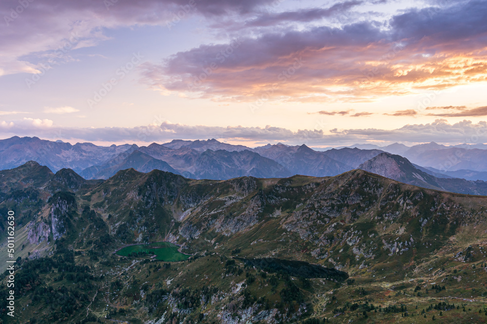 Amazing sunset in the mountains (French Pyrenees Mountains, Lakes of Rabassoles)