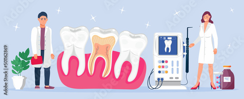 Dental services vector concept for landing page. Dentists make x-ray scan of teeth to help toothache, to whiten enamel or recovery implant.