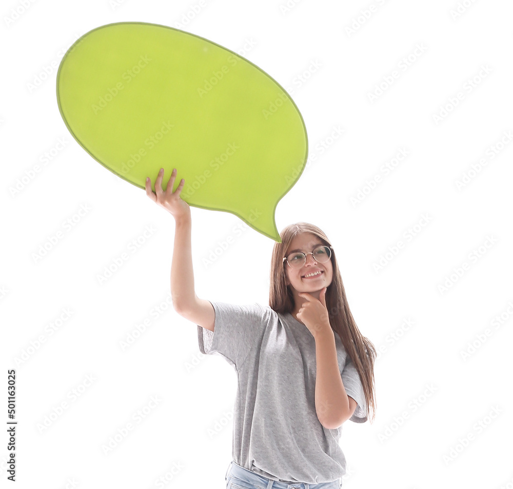 pensive young woman with a speech bubble bubble. pensive young woman with a speech bubble bubble.