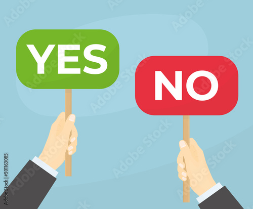 businessman hands holding yes and no banners, agree and disagree concept- vector illustration