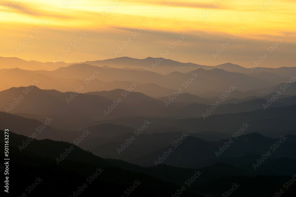 Warm sunset light illuminating many layers of ridges in the Great Smoky Mountains National Park