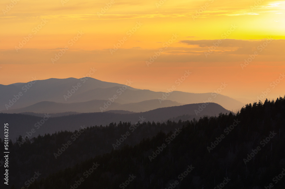 Warm sunset light illuminating many layers of ridges in the Great Smoky Mountains National Park