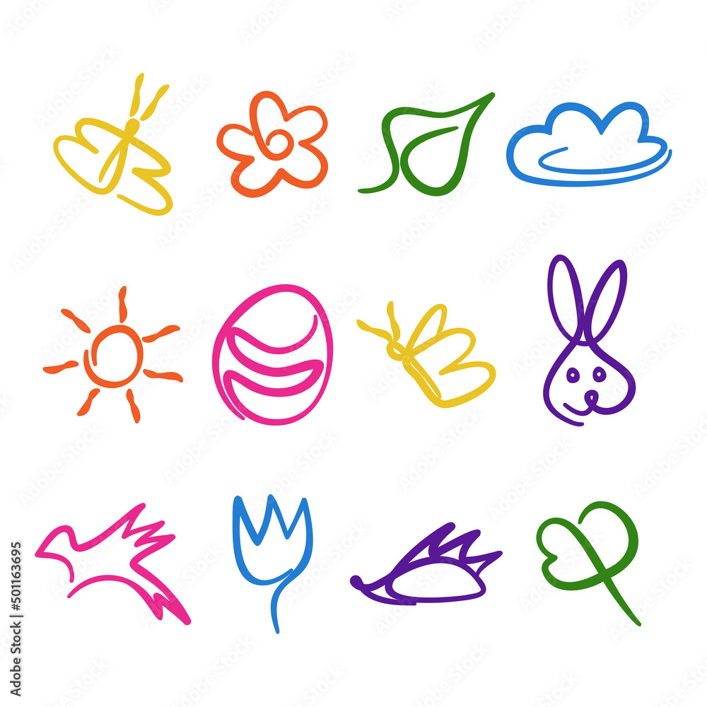 Spring elements one line doodle set. Simple abstract flower sun cloud butterflies bird leaves easter egg rabbit hedgrhog. Postcard, holiday textile decor vector illustration