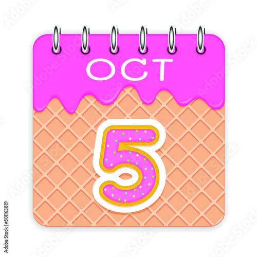 5 day of a month. October. Waffle cone calendar with melted ice cream. 3d daily icon. Date. Week Sunday, Monday, Tuesday, Wednesday, Thursday, Friday, Saturday. White background Vector illustration