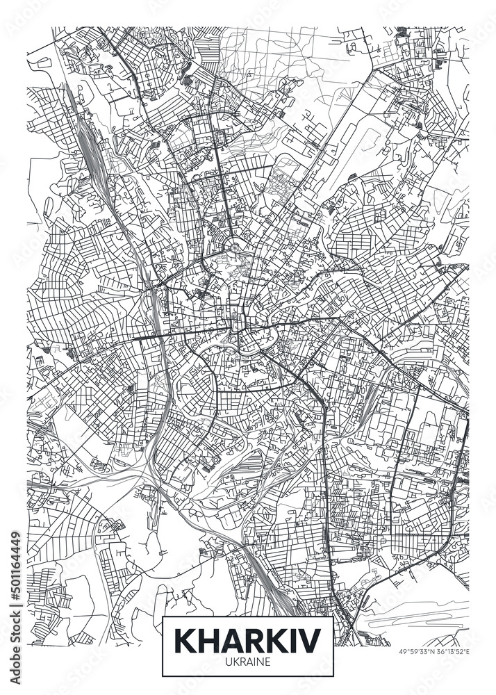 City map Kharkiv, travel vector poster design