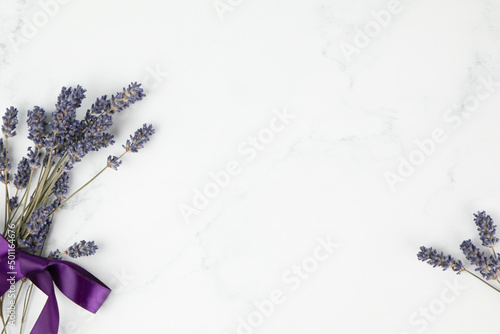 White and Grey Marble Background with Purple Lavender for kitchen product mock ups Flat Lay Mock Up