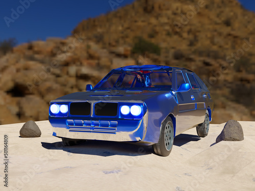 Blue car in the desert