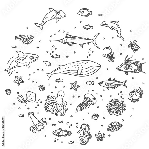 Canvas Print Ocean animals banner. illustration