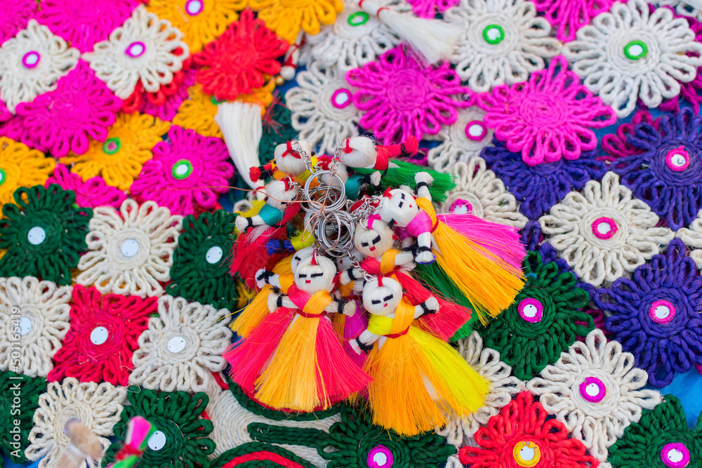 Handmade jute dolls, colourful handicrafts on during Handicraft Fair in Kolkata - the biggest handicrafts fair in Asia.