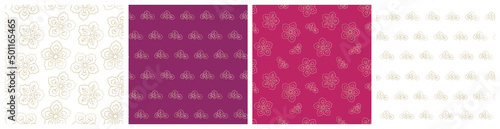 Japanese traditional flowers seamless pattern set. Reach gold cherry blossom on pink, magenta and purple backgrounds. Luxury vector design for fabric print or home decor textile.