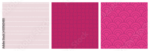 Waves, greed and line seamless pattern set with strokes on colourful pink, magenta and blush backgrounds. Hand drawn vector design based on Japanese stitching.