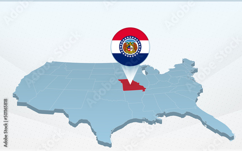 Missouri state map on United States of America map in perspective.