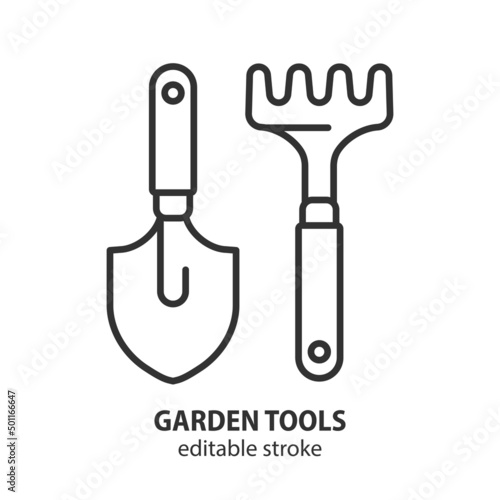 Shovel and rake farmer gardening tools. Harvesting vector sign. Editable stroke.