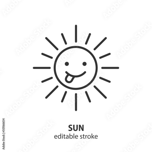 Smiling sun line icon. Summer vector symbol. Editable stroke.