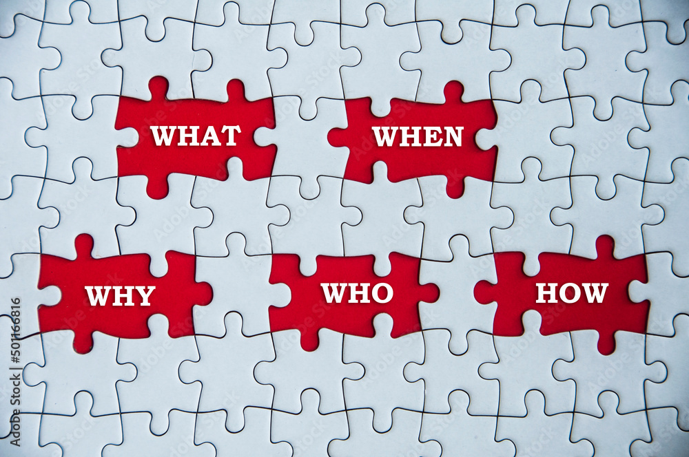 Fototapeta premium Top view of text on missing jigsaw puzzle - What, when, why, who and how.