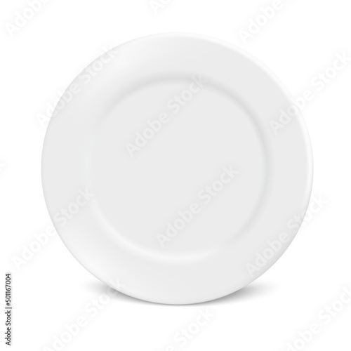 Vector 3d Realistic White Porcelain, Plastic or Paper Disposable Food Plate Plate Icon is isolated on a white background. Front view. Design template.