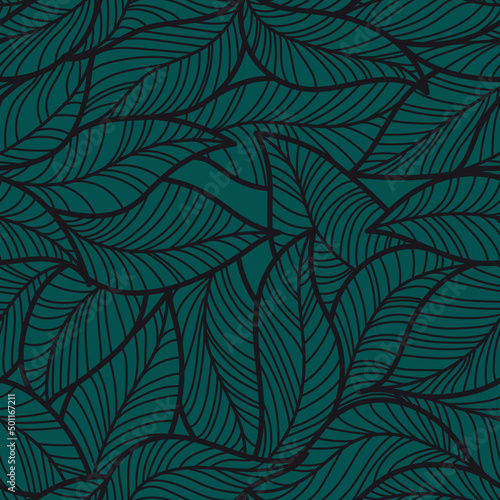 Beautiful pattern on a green background with hand-drawn leaves.