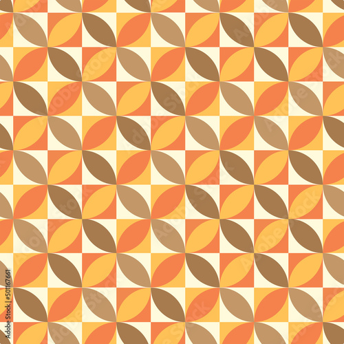 Mid century modern geometric circles in orange, amber, brown over squares. For textile, home décor, wallpaper and gift wrapping paper 