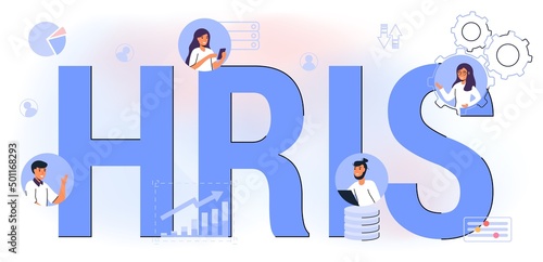 HRIS Human Resources Information System acronym HR web business office innovative interface concept Vector illustration Employee data Recruitment Training Benefits Attendance Analytics Payroll