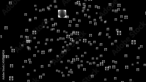 Squares moving in space with a black circle inside. Isolated on black background. 3d illustration. 4K video.