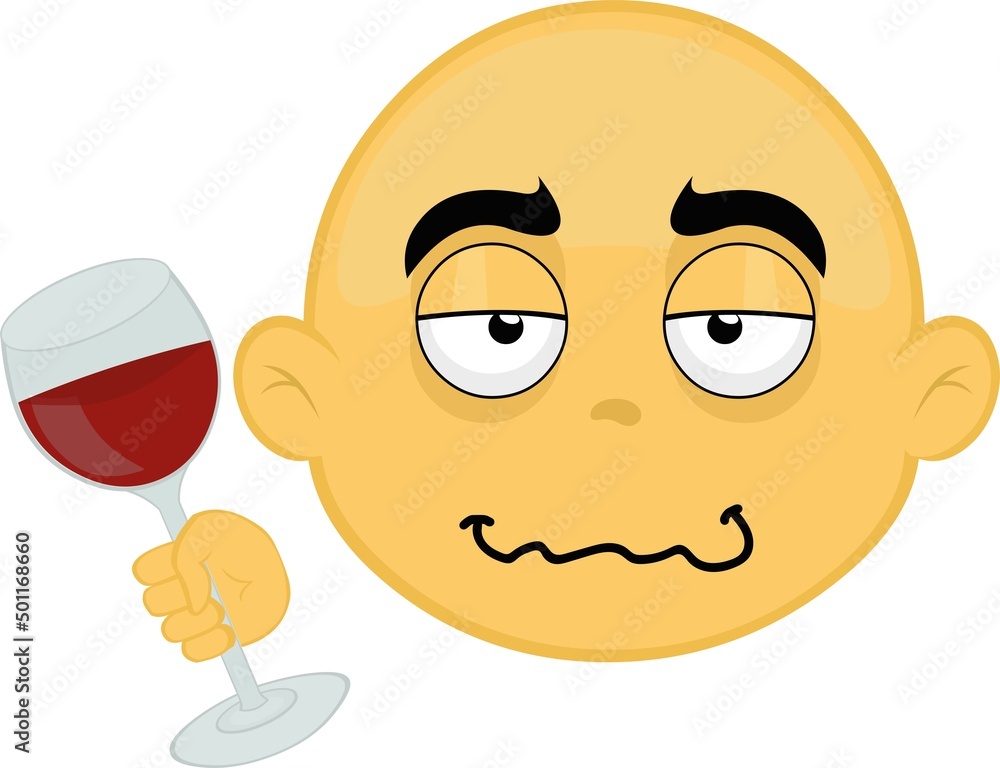 Vector illustration of the face of a bald yellow cartoon character, drunk with a glass of wine in his hand Vector illustration of the face of a bald yellow cartoon character, drunk with a glass of wine in his hand