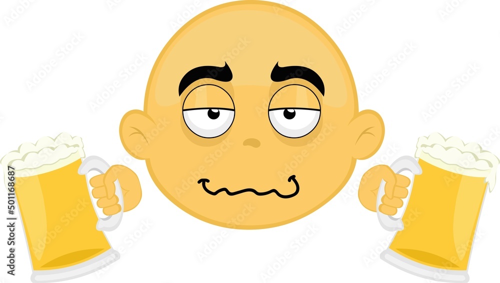 Vector illustration of the face of a yellow bald cartoon character, drunk with beers in his hands Vector illustration of the face of a yellow bald cartoon character, drunk with beers in his hands