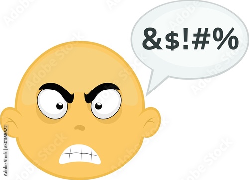 Vector illustration of a yellow cartoon character face with an angry expression and a speech bubble with an insult text