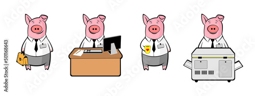 Set of cartoon pigs in the office.