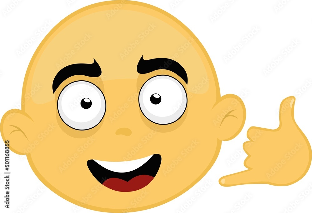 Obraz premium Vector illustration of the face of a bald yellow cartoon character with the classic hand gesture call me by phone or shaka