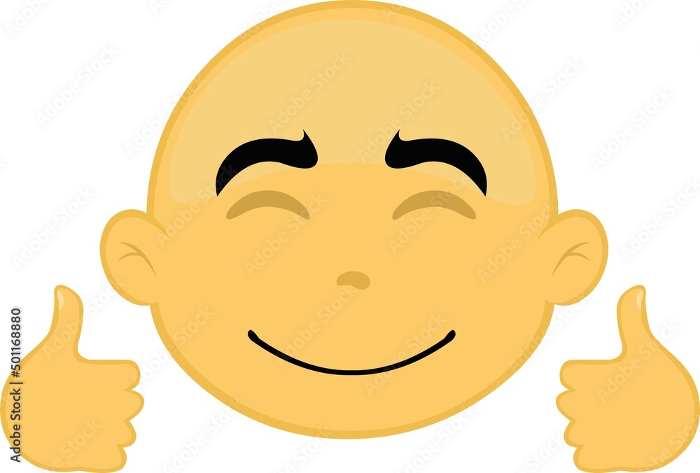 Vector illustration of the face of a bald cartoon character, yellow in color, with a happy expression and thumbs up Vector illustration of the face of a bald cartoon character, yellow in color, with a happy expression and thumbs up