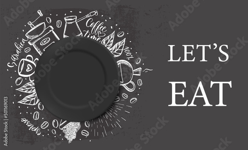 Vector 3d Realistic black porcelain, plastic or paper disposable food plate. Icon on the background of coffee sketch illustrations. Front view. Design template.