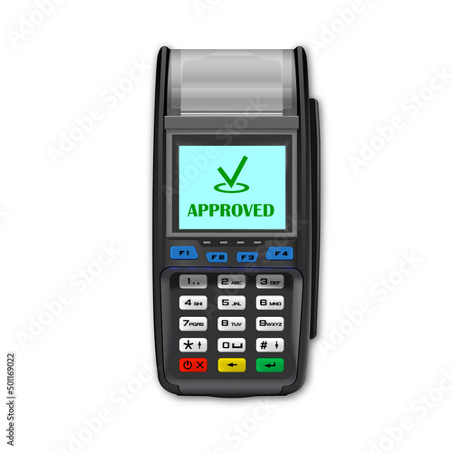 Vector Realistic black 3d Payment machine. POS terminal close-up on a white background. Design template for a bank payment terminal, Layout. NFC payment processing device. Top View