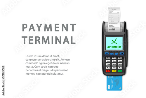 Vector Realistic black 3d Payment machine. A close-up POS terminal with a receipt and a bank card on a white background. Design template, layout. NFC payment processing device. Top View