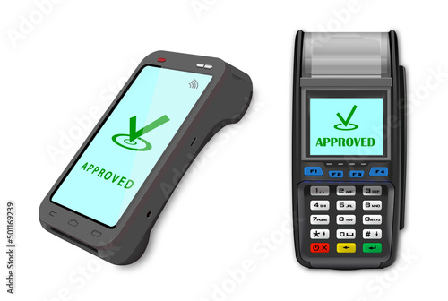 Vector Realistic 3d two payment machines. Close-up of POS terminals on a white background. Design template, layout. NFC payment processing device. Top View