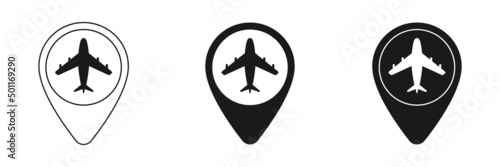 Plane, flight, airplane concept vector icon set, label on the map. Illustration