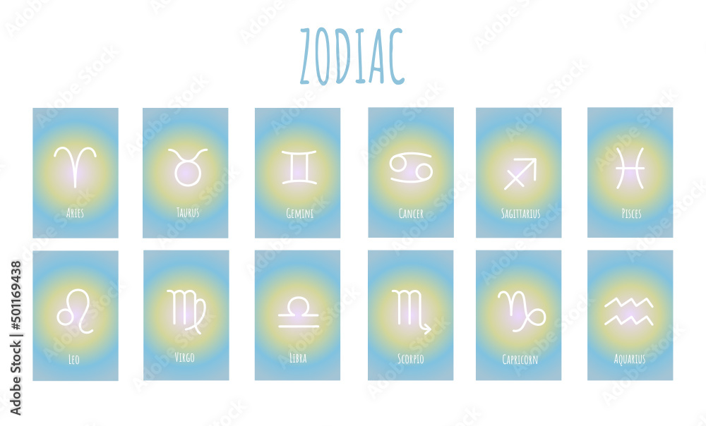 Fototapeta premium Astrology zodiac horoscope cards gradients design vector illustration set. Elegant symbols and icons of esoteric horoscope template for wall print poster isolated 