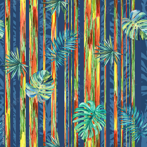Seamless pattern, tropical plants. Watercolor drawing, graphics.