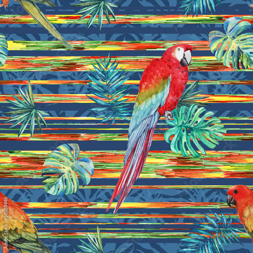 Seamless pattern, tropical plants, parrots. Watercolor drawing, graphics.