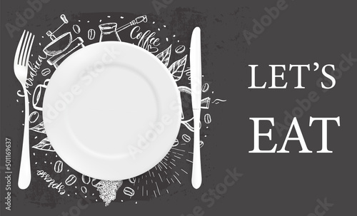 Vector 3d Realistic white porcelain, plastic or paper disposable food plate. Icon on the background of coffee sketch illustrations. Front view. Design template.